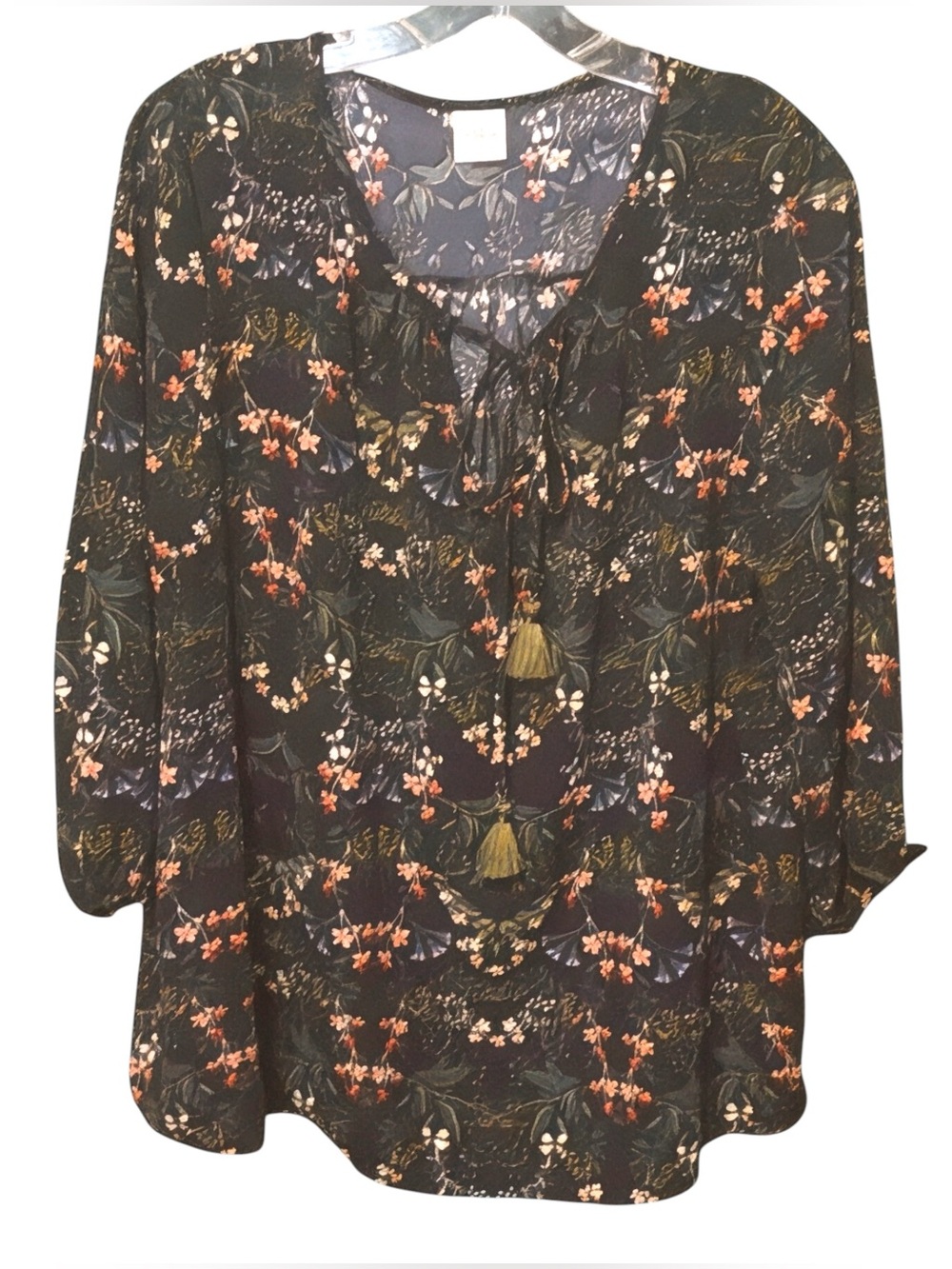 Kaileigh Dark Botanical Floral Tassel Tie-Neck Tunic